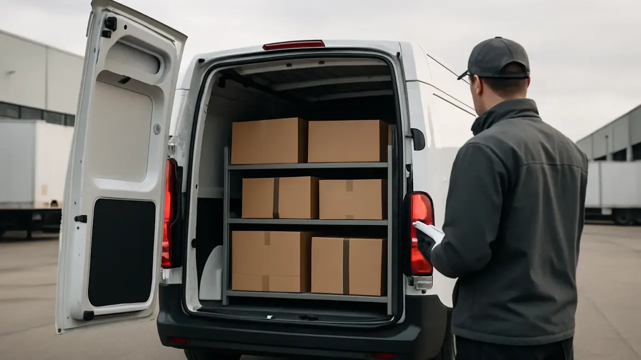 Utilitaire électrique aux portes arrière ouvertes, chargé de colis arrimés, avec une personne de dos qui contrôle le chargement dans une cour logistique.